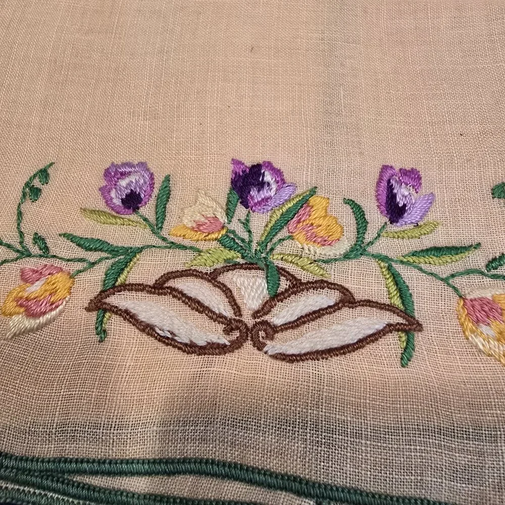 Hand Towel Peach Linen Spring Flowers Embroidery MCM 1950s Vintage